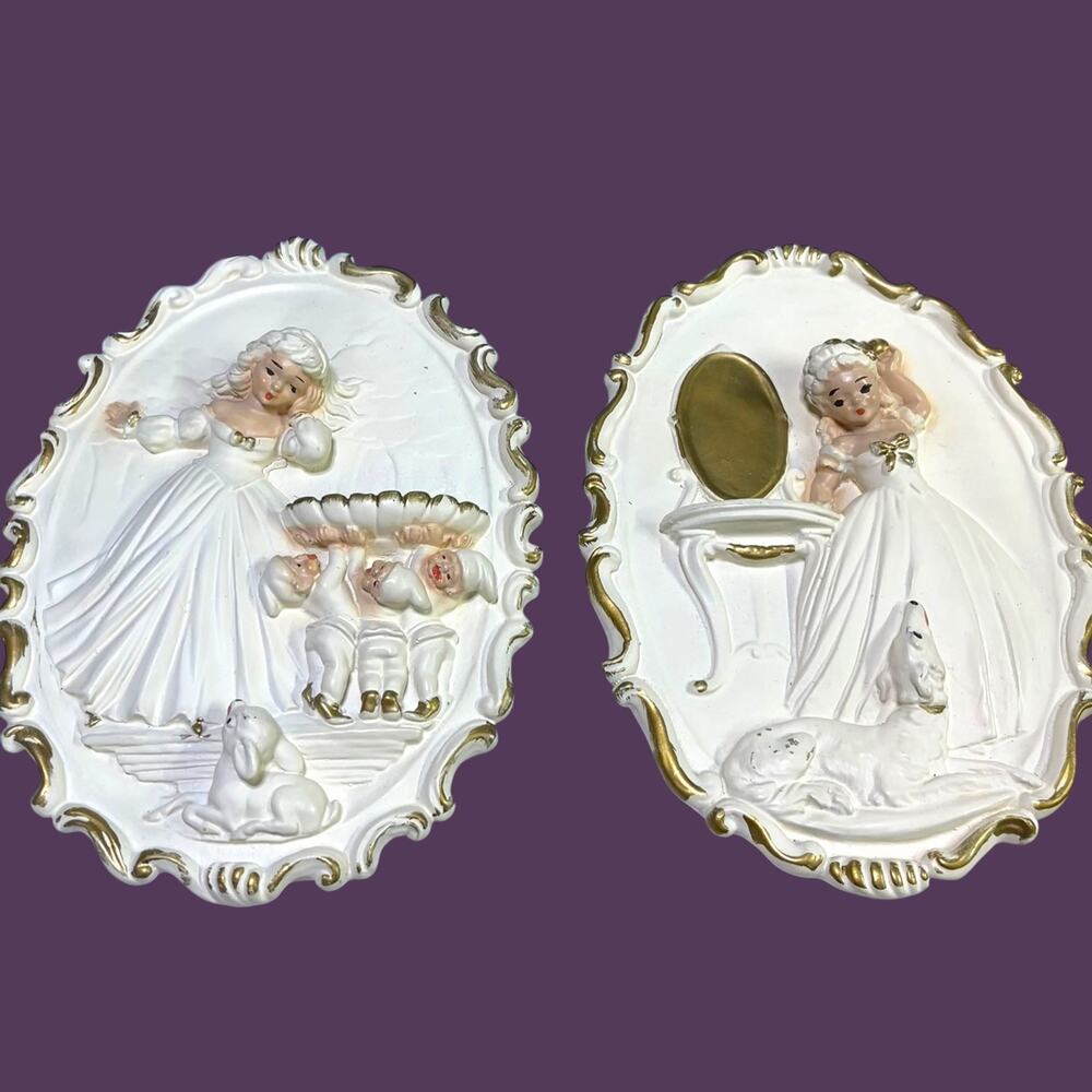 Vintage 1950s Chalkware Lady Wall Plaques Set Dogs Babies Vanity Gold Rococo